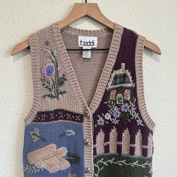 VTG 90's Teddi‎ Womens Petite Small Cottage Squirrel Printed Vest Knitted Boho - Picture 2 of 7
